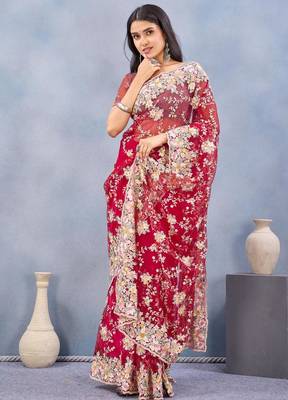 Red color net resham embroidered & handwork zircon work saree 2