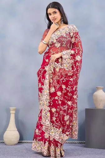 Red color net resham embroidered & handwork zircon work saree