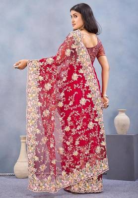 Red color net resham embroidered & handwork zircon work saree 3