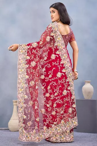Red color net resham embroidered & handwork zircon work saree