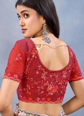 Red color net resham embroidered & handwork zircon work saree 4