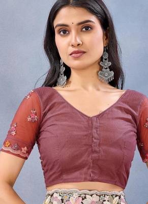 Red color net resham embroidered & handwork zircon work saree 5
