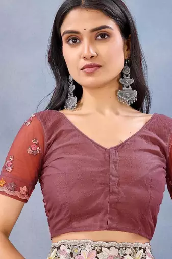 Red color net resham embroidered & handwork zircon work saree