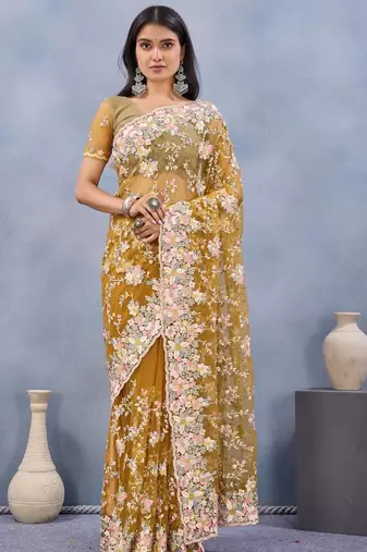 Musturd color net resham embroidered & handwork zircon work saree