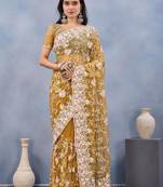 Musturd color net resham embroidered & handwork zircon work saree