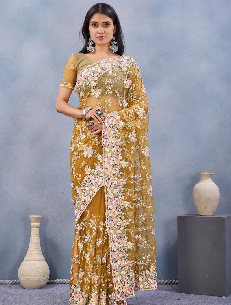 Musturd color net resham embroidered & handwork zircon work saree