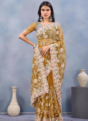 Musturd color net resham embroidered & handwork zircon work saree 2