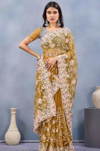 Musturd color net resham embroidered & handwork zircon work saree