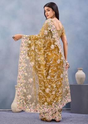 Musturd color net resham embroidered & handwork zircon work saree 3