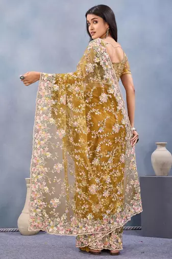Musturd color net resham embroidered & handwork zircon work saree