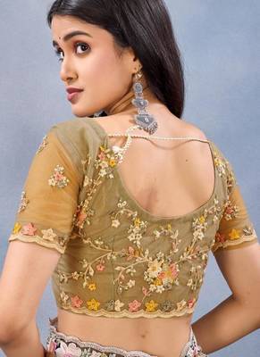 Musturd color net resham embroidered & handwork zircon work saree 4