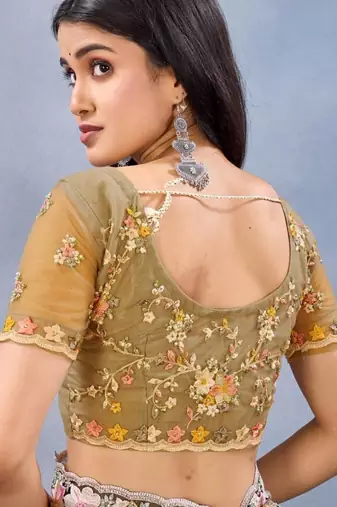 Musturd color net resham embroidered & handwork zircon work saree