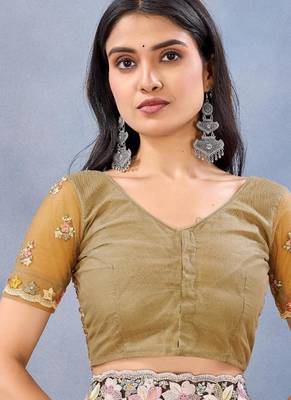 Musturd color net resham embroidered & handwork zircon work saree 5