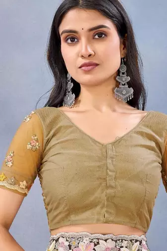Musturd color net resham embroidered & handwork zircon work saree