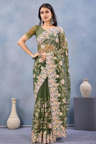 Mehendi green color net resham embroidered & handwork zircon work saree