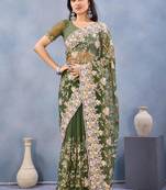Mehendi green color net resham embroidered & handwork zircon work saree