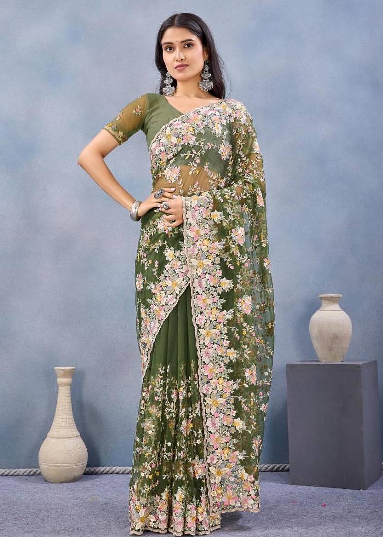 Mehendi green color net resham embroidered & handwork zircon work saree