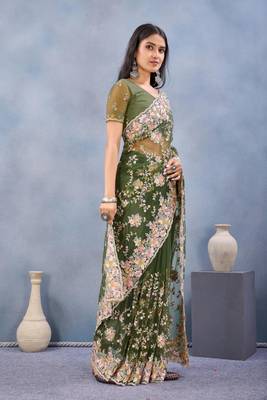 Mehendi green color net resham embroidered & handwork zircon work saree 2