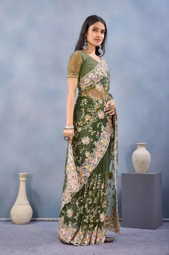 Mehendi green color net resham embroidered & handwork zircon work saree