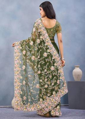Mehendi green color net resham embroidered & handwork zircon work saree 3