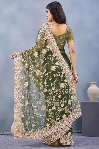 Mehendi green color net resham embroidered & handwork zircon work saree