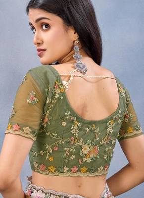 Mehendi green color net resham embroidered & handwork zircon work saree 4