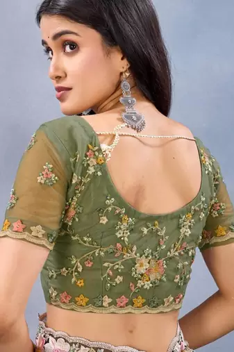 Mehendi green color net resham embroidered & handwork zircon work saree