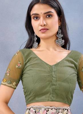 Mehendi green color net resham embroidered & handwork zircon work saree 5