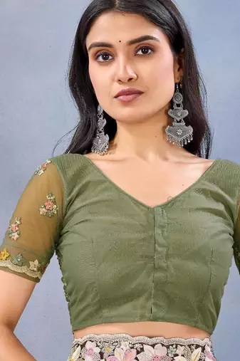 Mehendi green color net resham embroidered & handwork zircon work saree