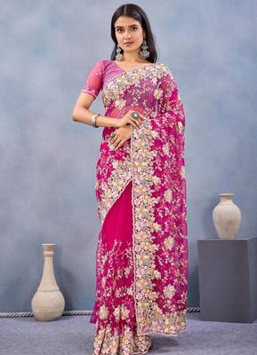 Rani color net resham embroidered & handwork zircon work saree 1