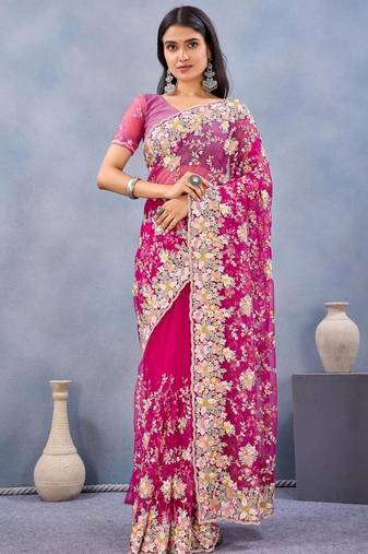 Rani color net resham embroidered & handwork zircon work saree