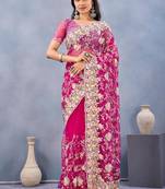 Rani color net resham embroidered & handwork zircon work saree