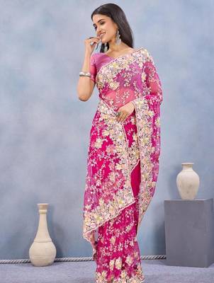 Rani color net resham embroidered & handwork zircon work saree 2