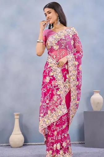 Rani color net resham embroidered & handwork zircon work saree
