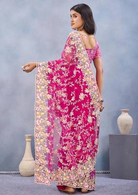 Rani color net resham embroidered & handwork zircon work saree 3