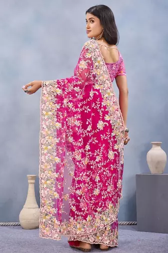 Rani color net resham embroidered & handwork zircon work saree