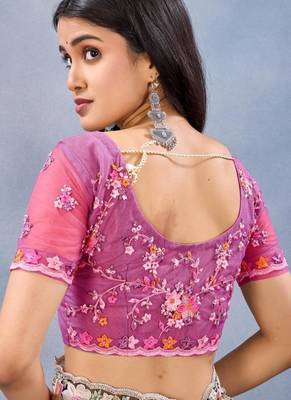 Rani color net resham embroidered & handwork zircon work saree 4