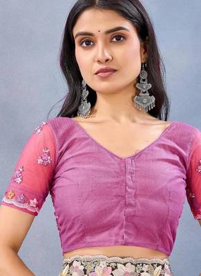 Rani color net resham embroidered & handwork zircon work saree 5