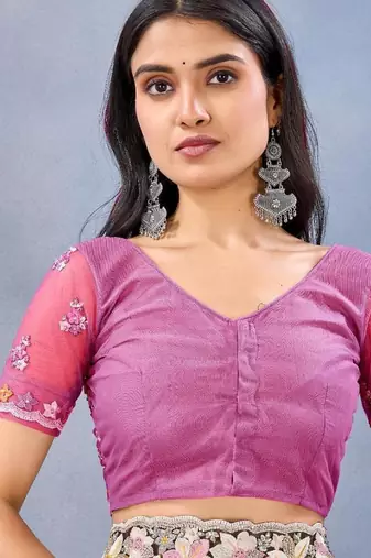 Rani color net resham embroidered & handwork zircon work saree