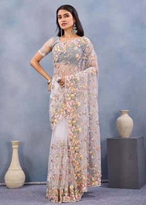 White color net resham embroidered & handwork zircon work saree 1