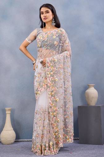 White color net resham embroidered & handwork zircon work saree