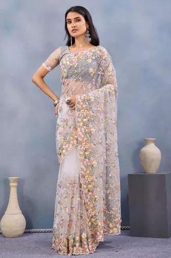 White color net resham embroidered & handwork zircon work saree