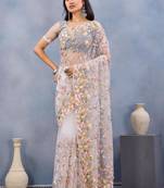 White color net resham embroidered & handwork zircon work saree