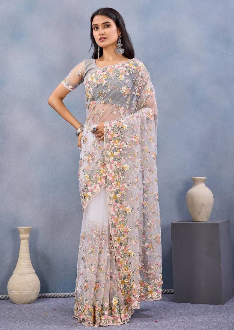 White color net resham embroidered & handwork zircon work saree