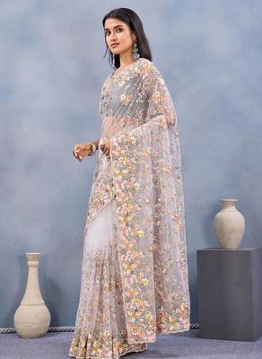 White color net resham embroidered & handwork zircon work saree 2