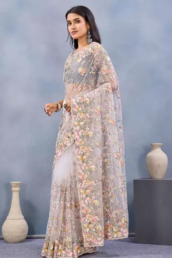 White color net resham embroidered & handwork zircon work saree