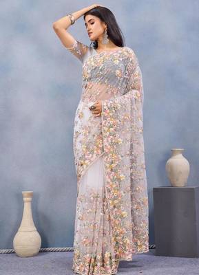 White color net resham embroidered & handwork zircon work saree 3