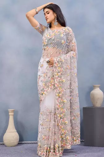 White color net resham embroidered & handwork zircon work saree