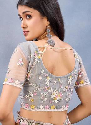 White color net resham embroidered & handwork zircon work saree 4