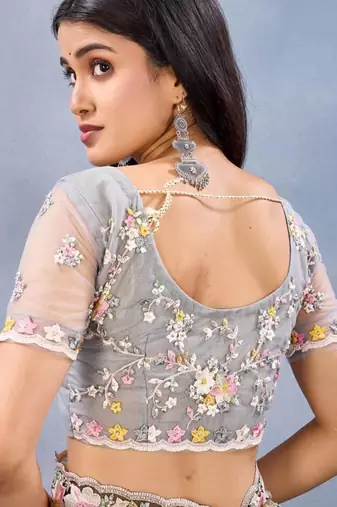 White color net resham embroidered & handwork zircon work saree
